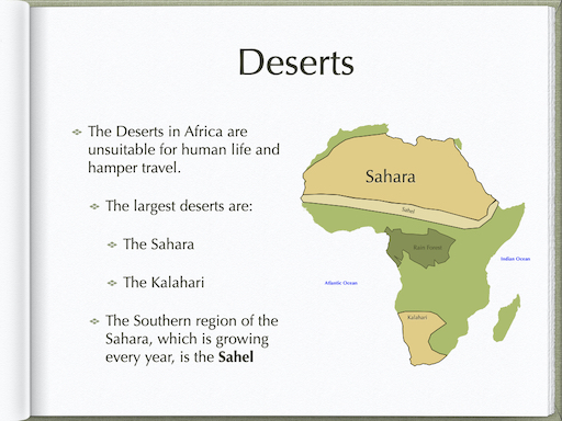 Classroom presentation slide graphic highlighting major African deserts, including the Sahara, Kalahari, and the expanding Sahel region that hampers travel and human settlement.
