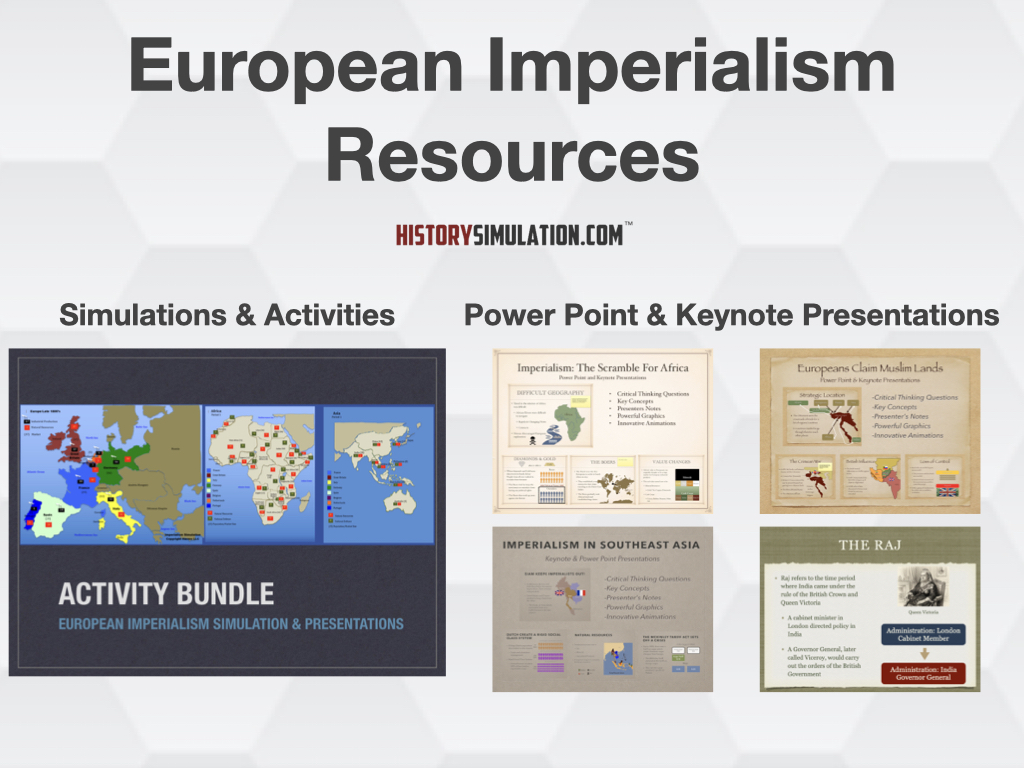A comprehensive educational bundle graphic showcasing European Imperialism classroom simulation guides, interactive map activities, and history presentation slides.