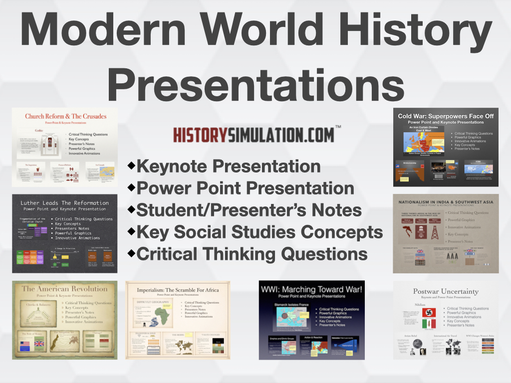 Fully animated PowerPoint and Keynote slide decks for modern world history classroom presentations covering medieval society, the Renaissance, and global civilizations.