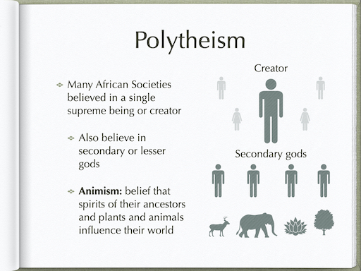 Classroom presentation slide graphic illustrating local religions, polytheism, and animism in early African societies, detailing beliefs in a supreme creator, secondary gods, and ancestral spirits.