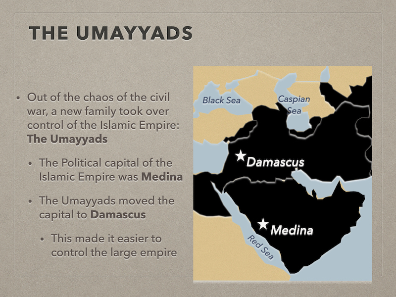 Detailed historical presentation slide illustrating the rise of the Umayyad dynasty, the shift of the political capital to Damascus, and the expansion of the Muslim Empire.