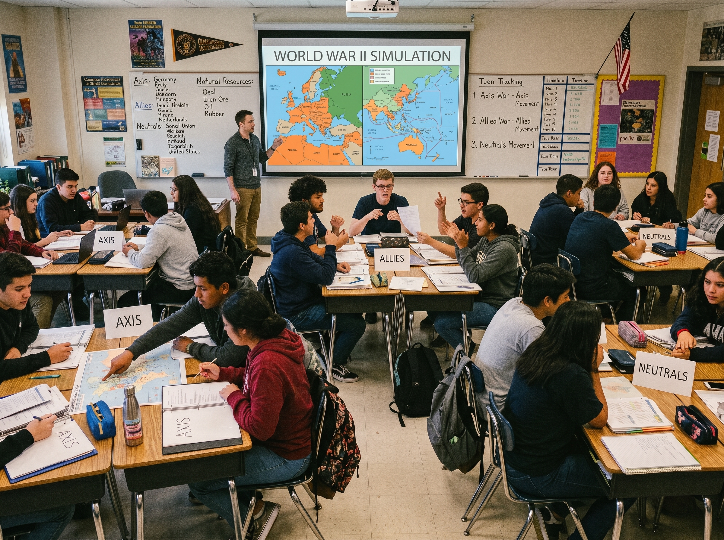 High school students engaged in an interactive World War II classroom simulation map activity with strategy groups and whiteboard turn tracking.