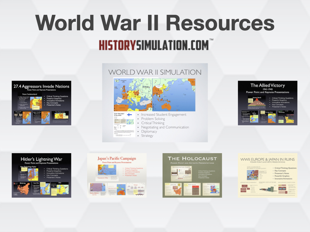 A comprehensive educational bundle graphic showcasing World War II classroom simulation guides, strategy maps, and history presentation slides.