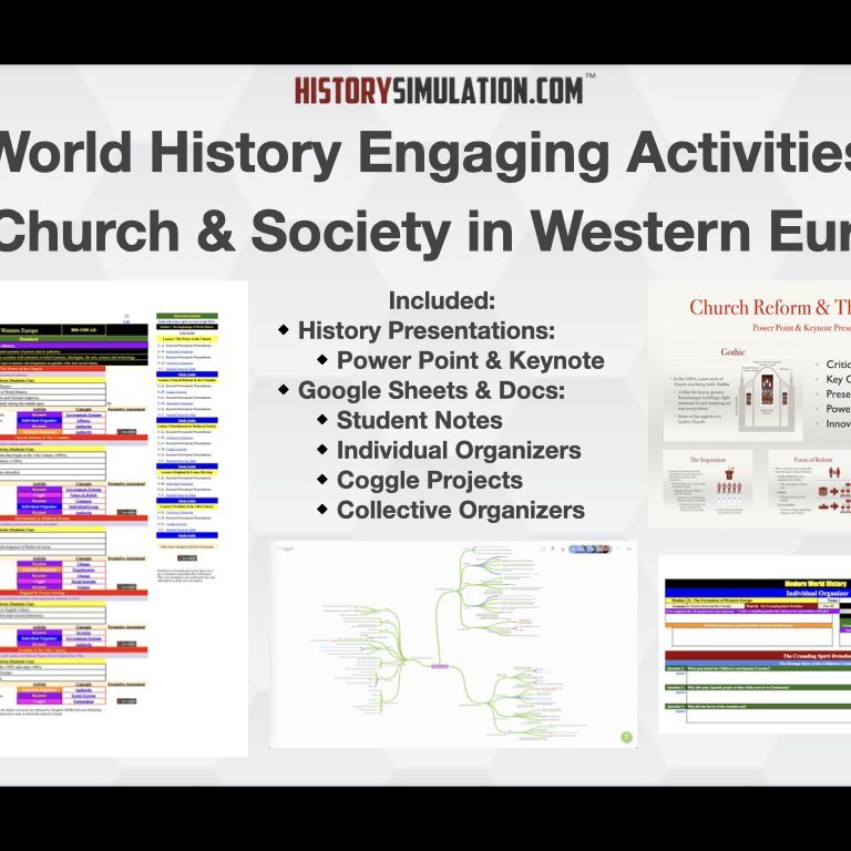 Overview of engaging activities on Church and Society in Western Europe for history education.