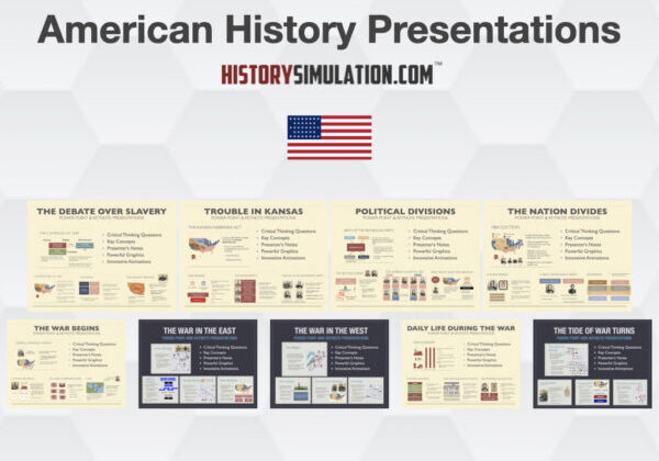Visual preview of American History Presentations featuring engaging slide decks, critical thinking questions, and key concept graphics for middle and high school social studies teachers.