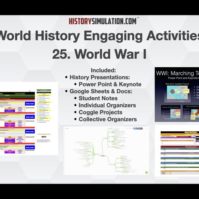 Screenshot of a World History educational resource featuring World War I activities and digital tools.